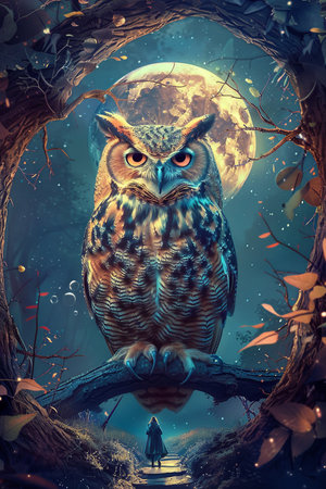 Beautiful owl sitting on the tree in the forest with full moonの素材