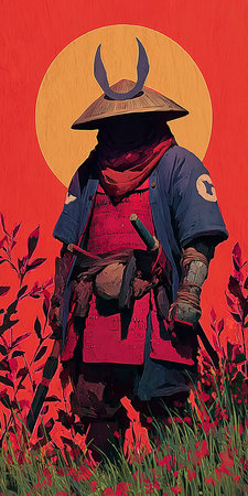 Illustration of a viking warrior in a field with red flowersの素材