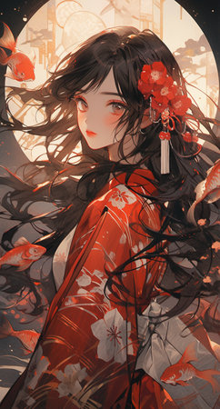 Beautiful Chinese girl with red flowers in her hair. Oriental styles.の素材