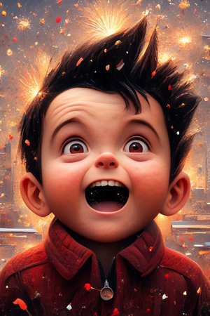 Surprised boy looking at the camera with firework background.の素材