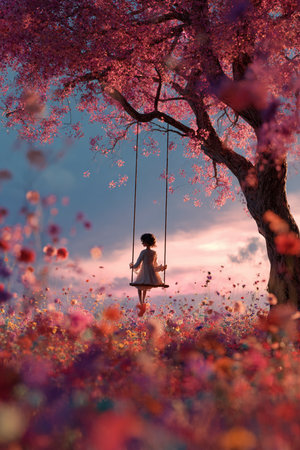 Young woman sitting on a swing in a cherry blossom garden at sunsetの素材