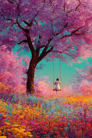 Beautiful girl swinging on a swing in a blooming meadowの素材