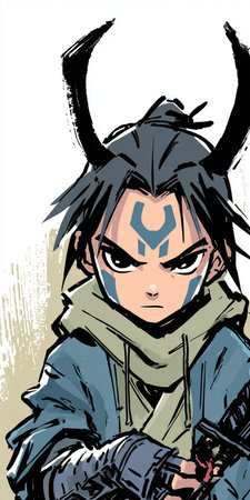 Illustration of a girl with a samurai costume in a comic styleの素材