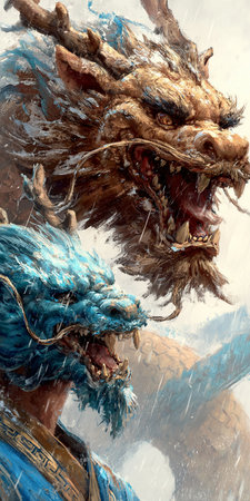 Dragon head in Chinese temple, close-up of face.の素材