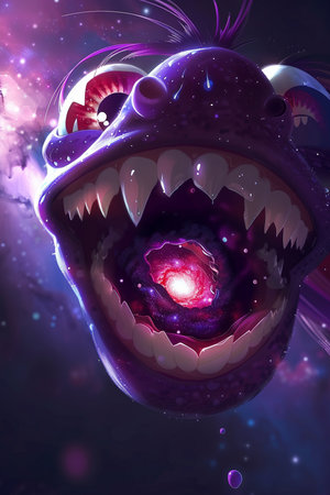 Fantasy alien creature with sharp teeth and sharp teeth in space.の素材