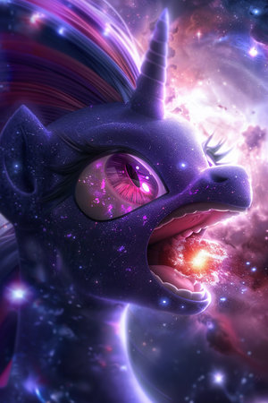 Unicorn in space with stars and nebula. 3D renderingの素材
