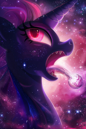 Fantasy alien creature with horns and eyes in space with stars.の素材