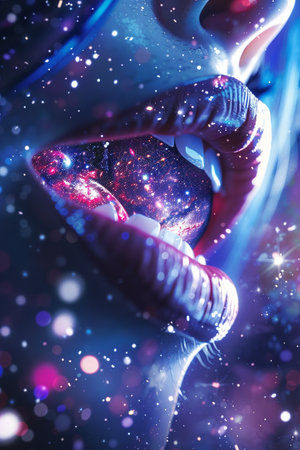 Close up of female mouth with open mouth. Collage with space.の素材