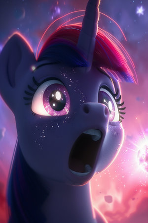 Unicorn creature with horn and open mouth. 3D renderingの素材