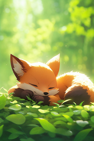 Cute fox sleeping on green grass. 3d render illustration.の素材