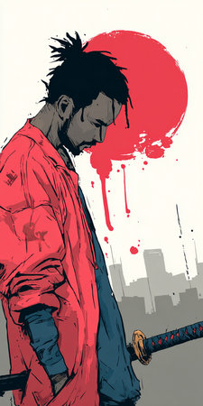 Man in a red raincoat with a sword in his hand.の素材