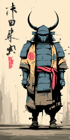 Vector illustration of a Japanese samurai in a coat with a hood.の素材