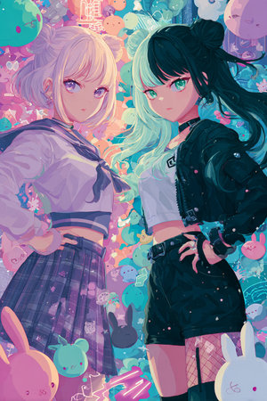 Vector illustration of two cute girls in school uniform. Cartoon style.の素材