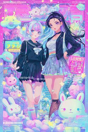 Retro style portrait of two girls in 80s-90s.の素材