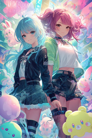 Two girls in the style of manga and anime. Vector illustration.の素材