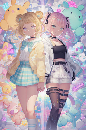 Illustration of two girls in school uniform on a grunge backgroundの素材