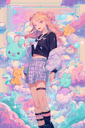 Illustration of two girls in school uniforms on colorful background. Digital painting.の素材