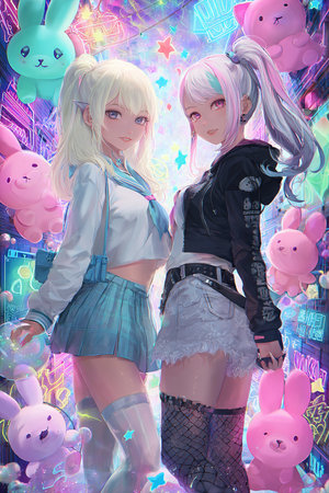 Beautiful girls in anime style on a background of clouds. Vector illustration.の素材