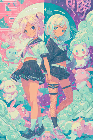 3D rendering of a cute anime girl in a city street.の素材