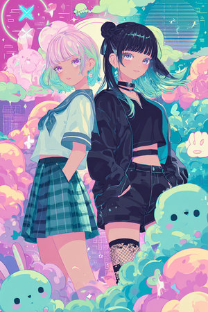 Vector illustration of two girls in school uniform on the background of cloudsの素材