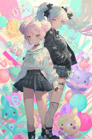 Two beautiful girls in anime style. Vector illustration. Fashion illustration.の素材