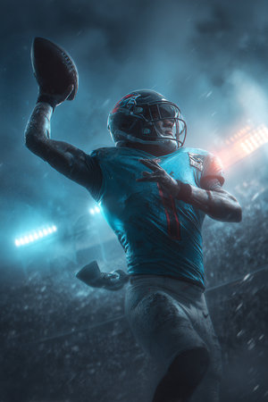 American football player in action with ball on the field. Mixed mediaの素材