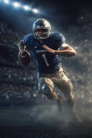 American football player in action on stadium arena with lights and smoke.の素材
