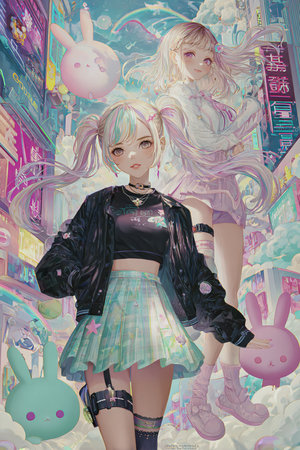 Anime manga girl with pink hair in a black jacket and boots.の素材