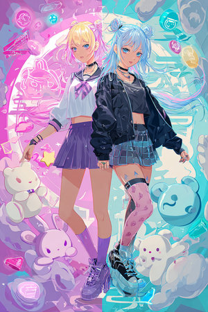 Illustration of two girls in the style of anime, manga.の素材