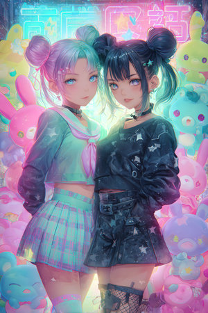3d illustration of two beautiful girls in front of a colorful backgroundの素材