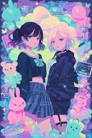 A vector illustration of a cute little girls on a colorful background.の素材