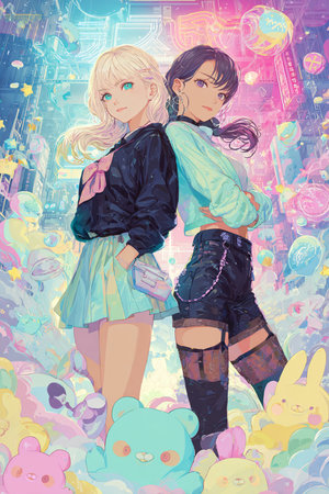 Fashion girls. Vector illustration of two girls in the 80s-90s style.の素材
