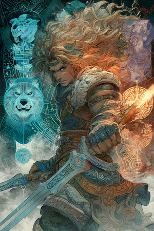 Viking warrior and lion. Fantasy illustration. Computer collage.の素材