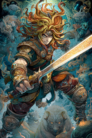 Fantasy illustration of a fantasy warrior with a sword in his hands.の素材