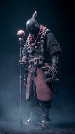 Medieval knight in armor and helmet holding a sword on dark backgroundの素材