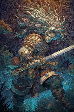 Illustration of a fantasy warrior with a sword in his hand.の素材