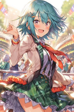 Cute anime manga girl in a green checkered skirt in the amusement parkの素材