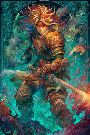 Fantasy warrior. Fantasy illustration of a fantasy warrior in armor.の素材