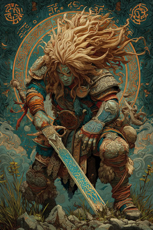 Viking warrior with a spear in his hands. Fantasy illustration.の素材