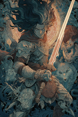 Fantasy illustration of a female warrior with a sword and shield.の素材