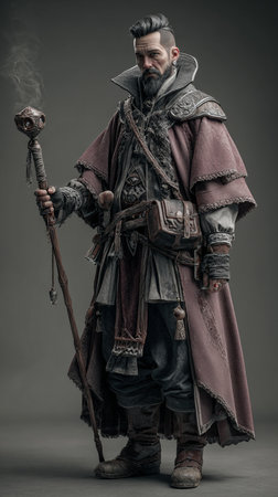 Portrait of a medieval warrior with a spear. Studio shot.の素材