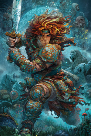 Fantasy illustration of a female warrior with a sword in her handsの素材