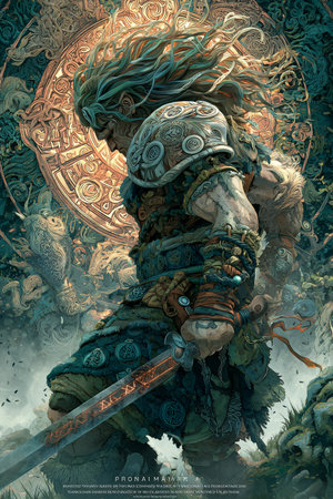 Viking warrior with a sword in his hands. Fantasy illustration.の素材