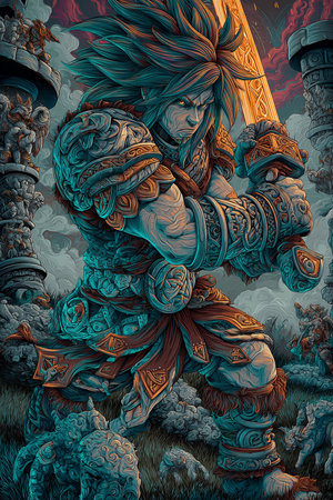 3D rendering of a fantasy warrior in armor with a sword.の素材