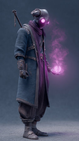 Man in medieval costume with magic wand and smoke in his hand.の素材