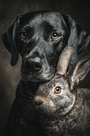 Portrait of a black dog and a gray hare. Studio shot.の素材