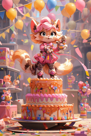 3D illustration of a cute cartoon fox on a birthday cake.の素材