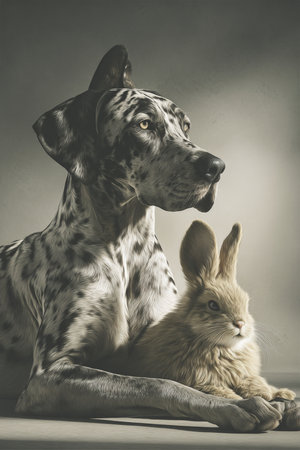Dalmatian puppy and rabbit on a gray background. Toned.の素材
