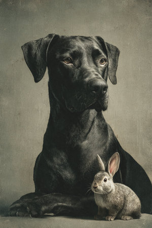 Black Labrador Retriever and rabbit on a gray background. Studio shot.の素材