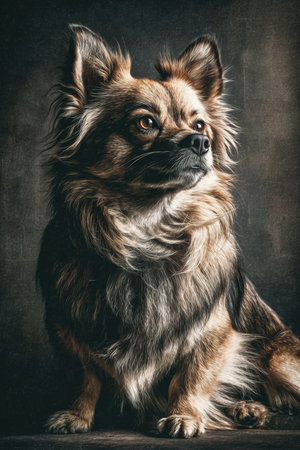 Cute chihuahua dog sitting on a dark background.の素材